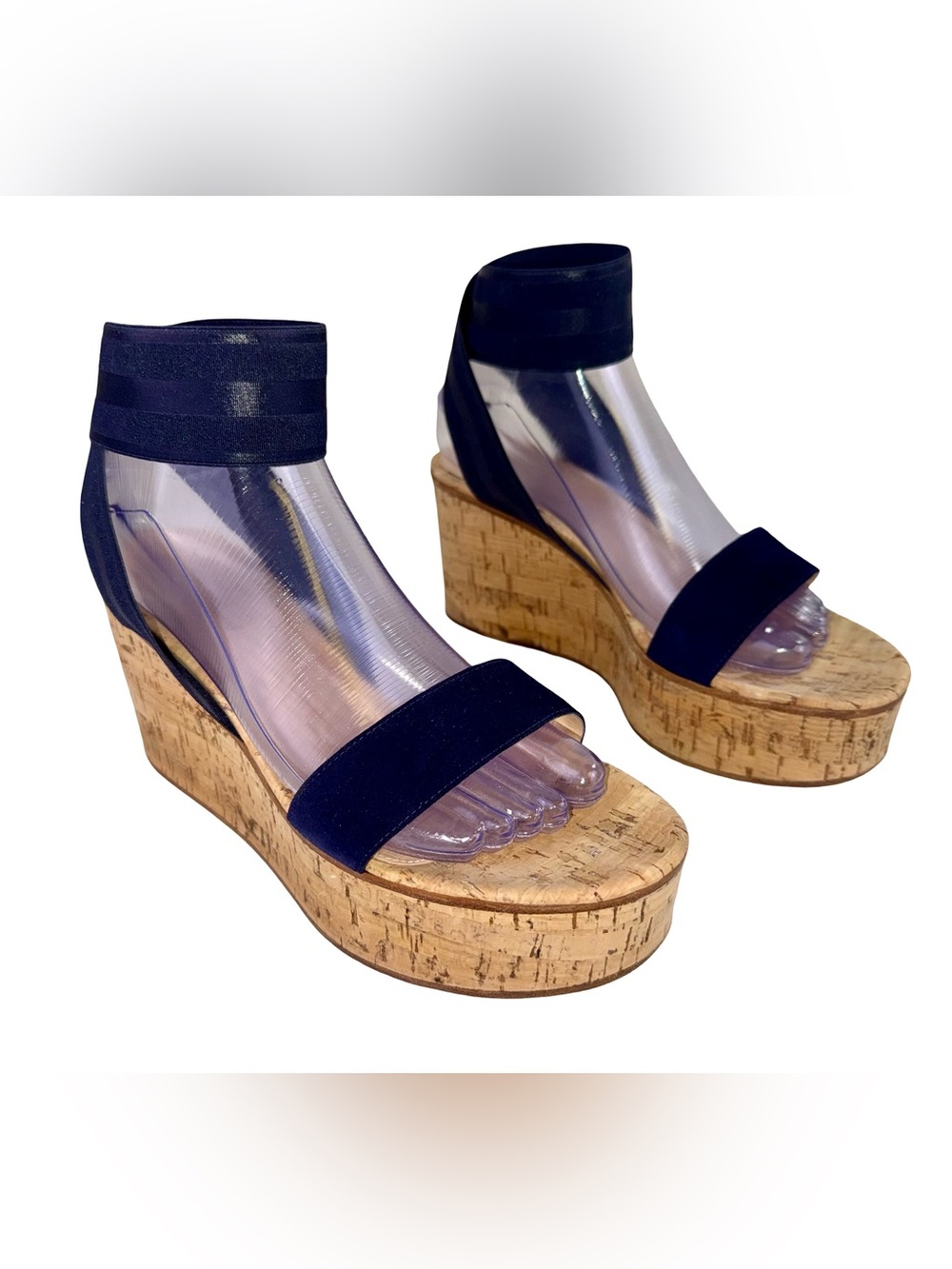 GIANVITO ROSSI CORK WEDGE SANDALS WITH DENIM BLUE ELASTIC ANKLE STRAP